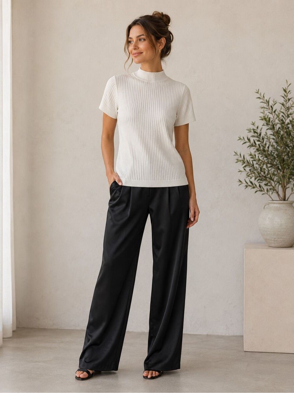 Zara Ribbed Knit Top Size M Mock Neck European Collection Short Sleeve